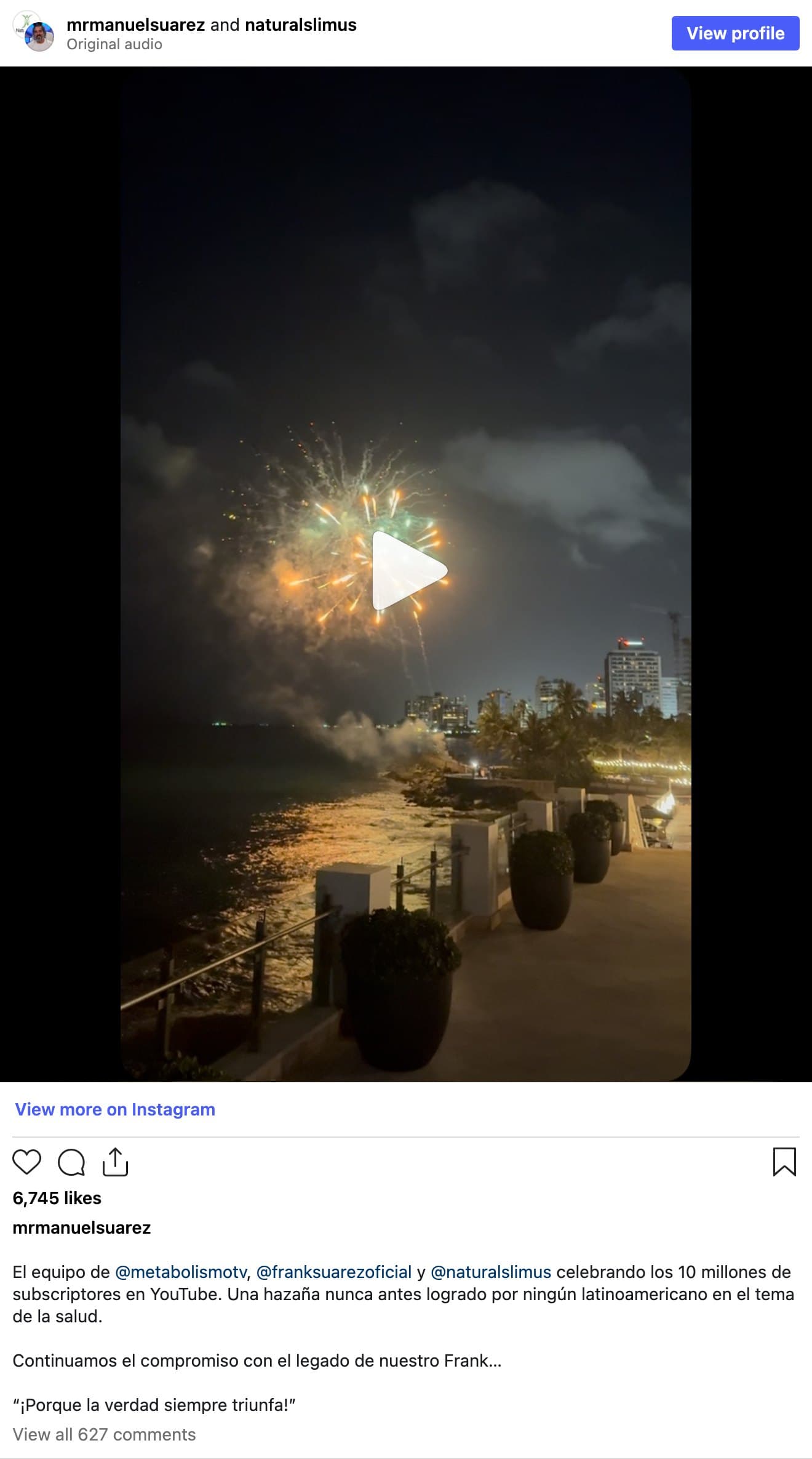 Instagram's public embed card of a celebration reel from Manuel's profile: fireworks over the shoreline at night, with the post's like count and caption as published
