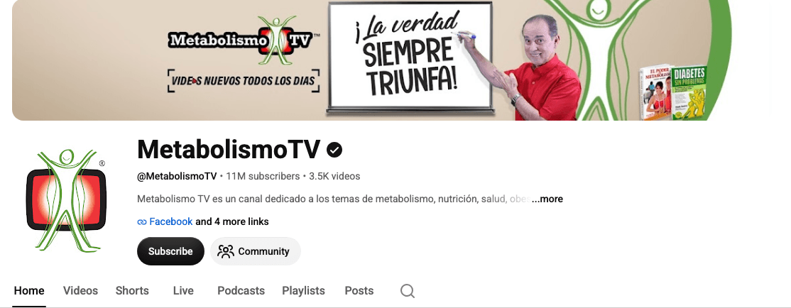 The MetabolismoTV YouTube channel page, captured logged-out: the verified channel header prints 11 million subscribers on YouTube (MetabolismoTV)