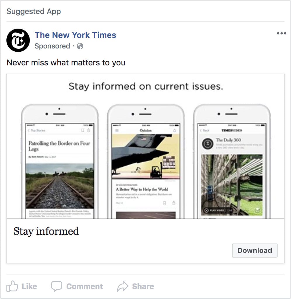 An example of a Facebook Ad form The New York Times