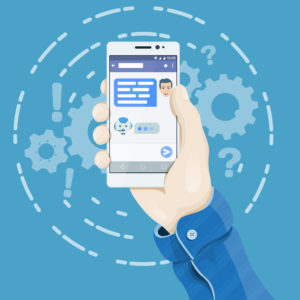 Chatbot concept in flat style. Hand holding smartphone with chatting bot application on the screen. Man's hand holding a phone concept. Dialogue on the smartphone screen. Phone vector illustration.