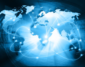 World map on a technological background, glowing lines symbols of the Internet, radio, television, mobile and satellite communications. Internet Concept of global business. Elements of this image furnished by NASA