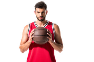 basketball player wearing red jersey and holding a basketball