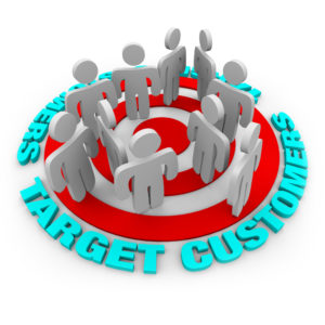 Several customers stand on a red target surrounded by words Target Customers.